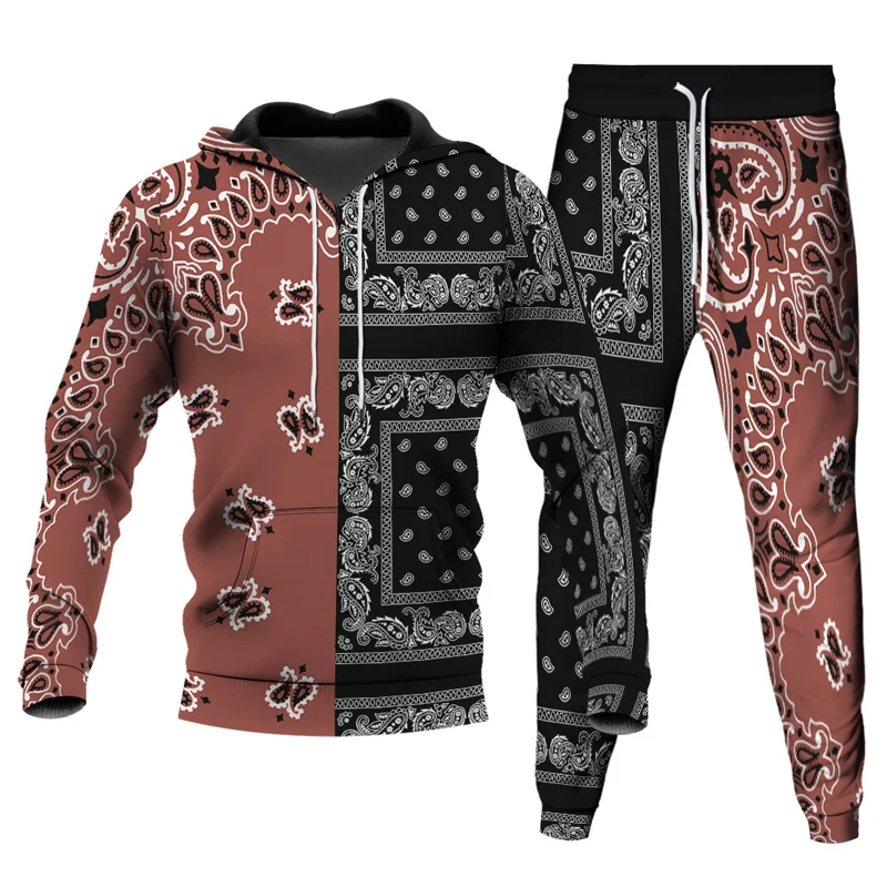 Men's Vintage Paisley Graphic Hoodie Pant 2Pcs Set Women Fashion Cashew Flower Print Sweatshirts Trousers Suit Couple Tracksuit