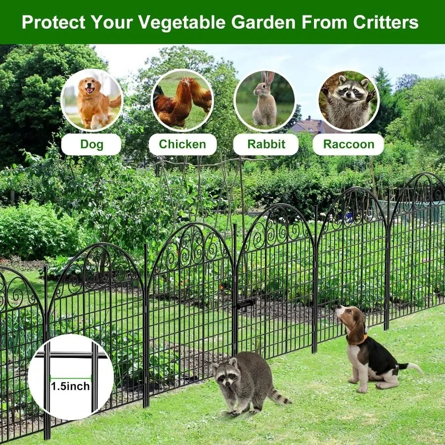 10 لوحات سياج حديقة مع بوابة لساحة 32 بوصة ارتفاع × 24 قدم (طول) لا حفر الكلاب سياج مزخرف حاجز الحيوانات الخارجية سياج Rustpro