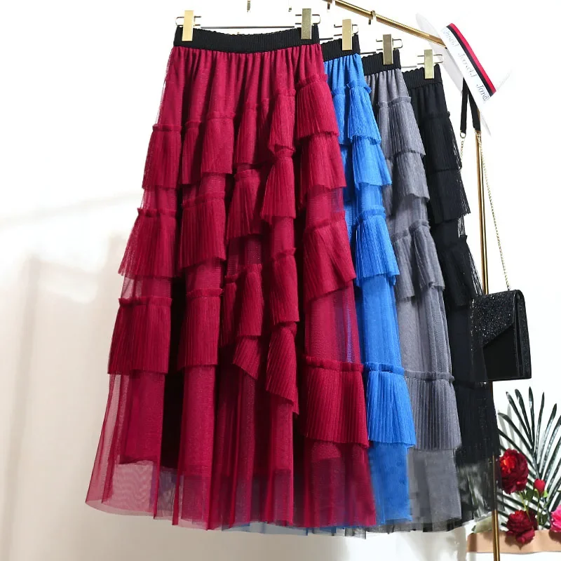 

2020 Spring Sweet Multi Layer Cake Tulle Long Skirt Slanting Tiered A-line Pleated Long Mesh Skirts Burgundy Blue Gray