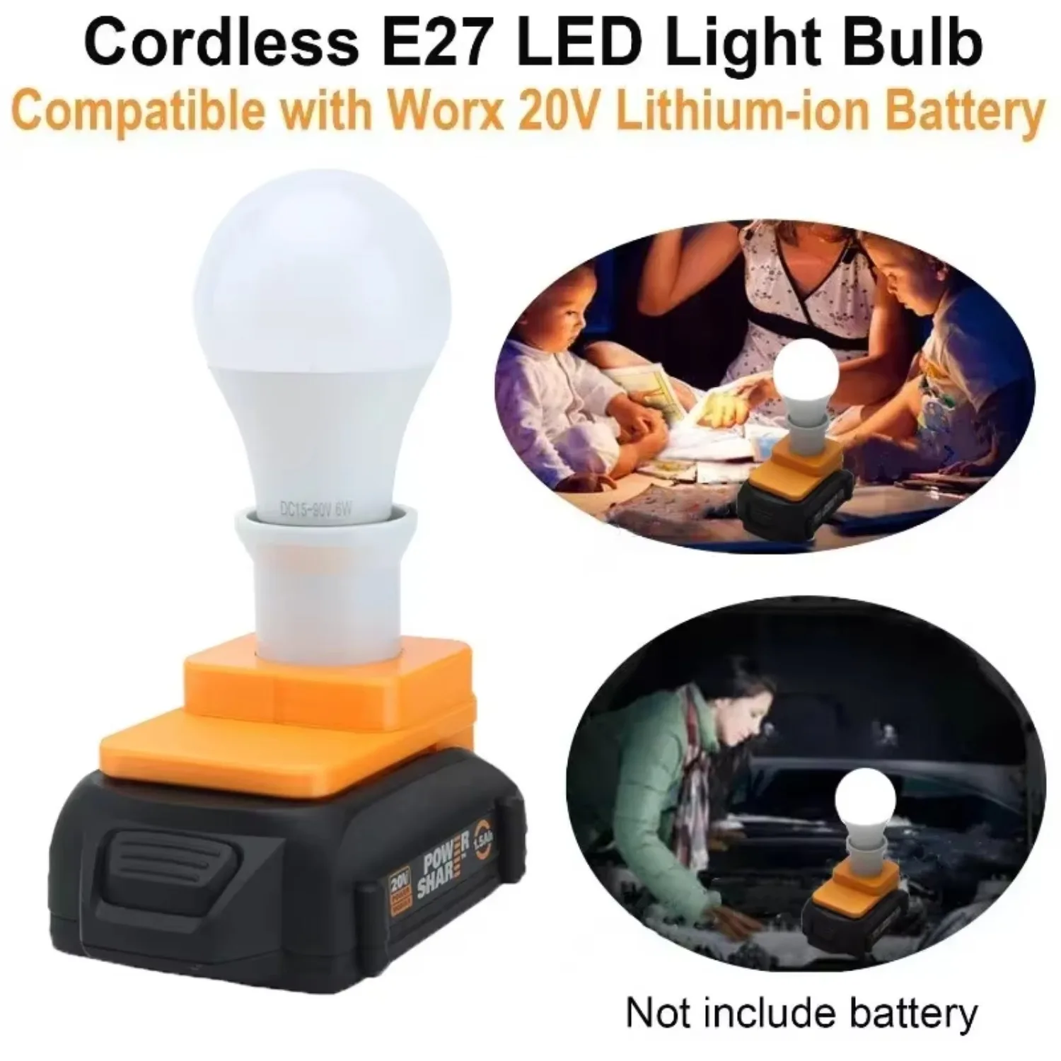 LED Work Light Portable E27 Bulbs for Worx 6PIN 20V Battery Powered Cordless  Lamp Daylight White Non-Dimmable Portable Lantern