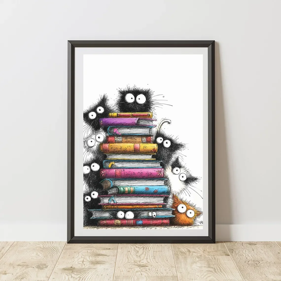 Kitten Print Illustration Peeking Cats On Books Wall Art Poster, Fun Cat Sketch Decor for Nursery, Kids Bedroom, Playroom