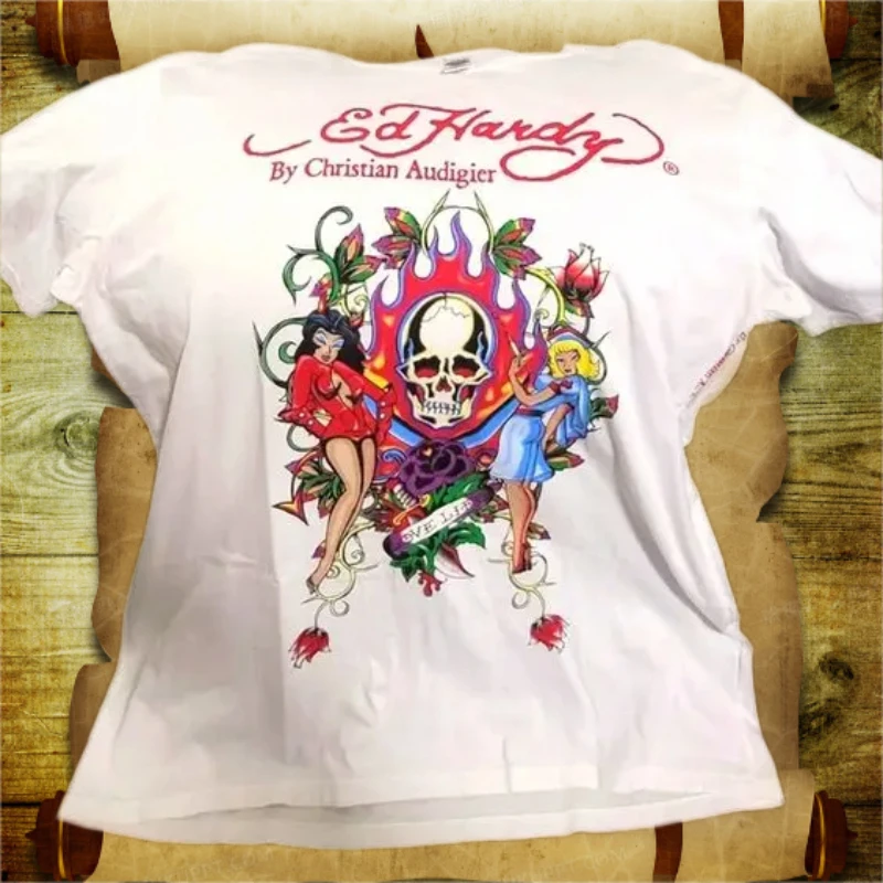 Camiseta con patrón de combinación de belleza y calavera retro americana, estilo Kawaii, hip-hop, camiseta de manga corta, camiseta punk suelta, y2k