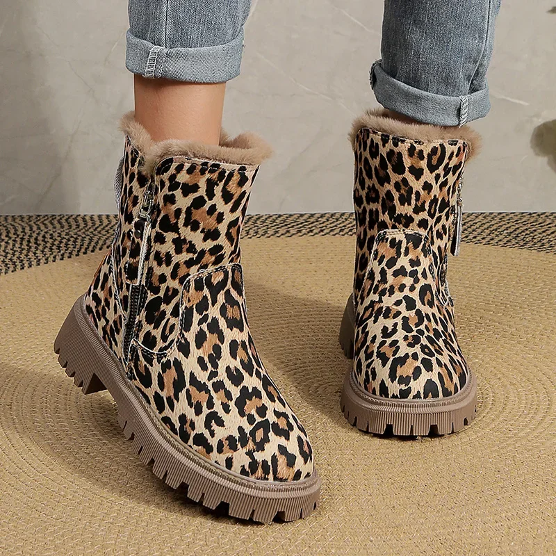 Thick Bottom Leopard Ankle Boots Women 2023 Winter Warm Thick Plush Snow Boots Woman Non Slip Platfrom Booties Mujer