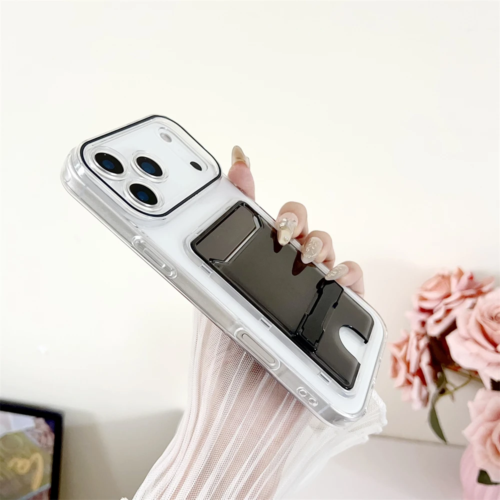 Fashion Transparent Card Holder Slot Bracket Case For iPhone 17 16 15 14 13 Pro Max Plus Wallet Folding Stand Candy Color Cover view 4