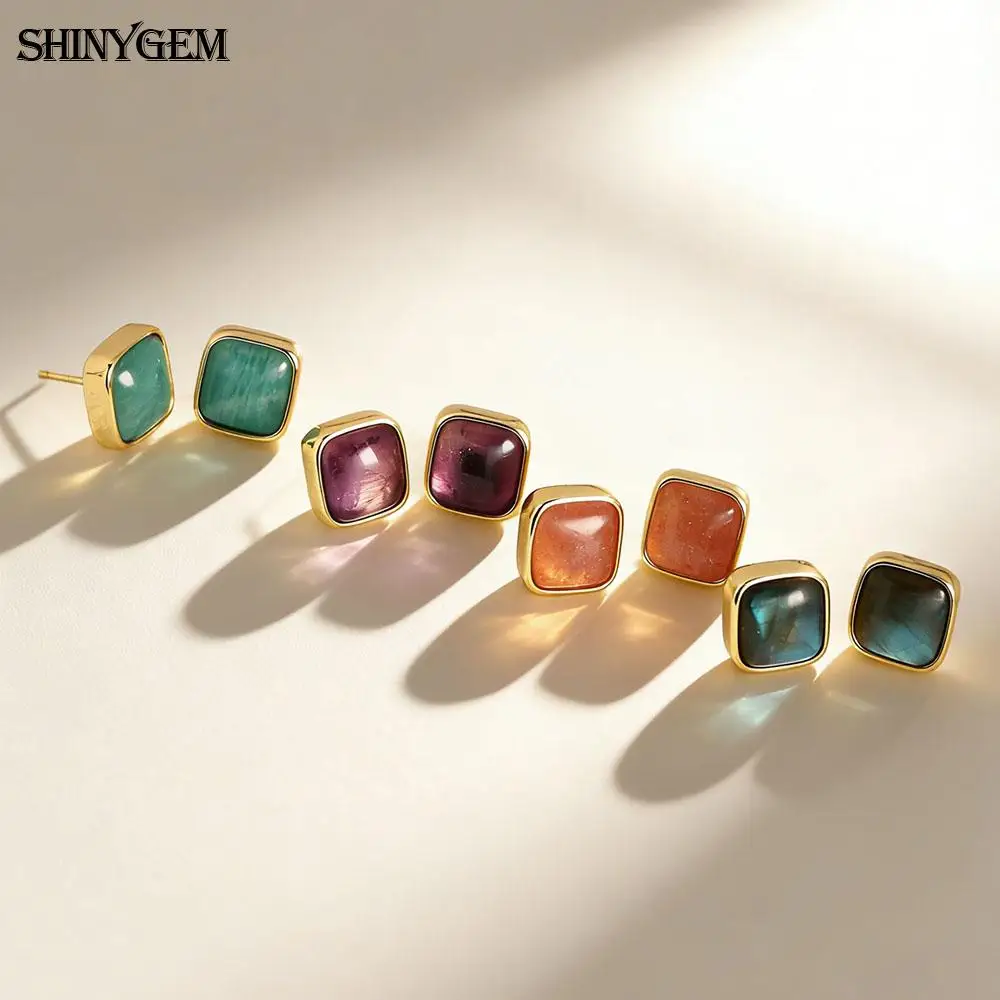 

SHINYGEM Square Stud Earrings for Women Amethyst Amazonite Strawberry Crystal Earrings Rose Quartz 925 Sterling Silver Earrings