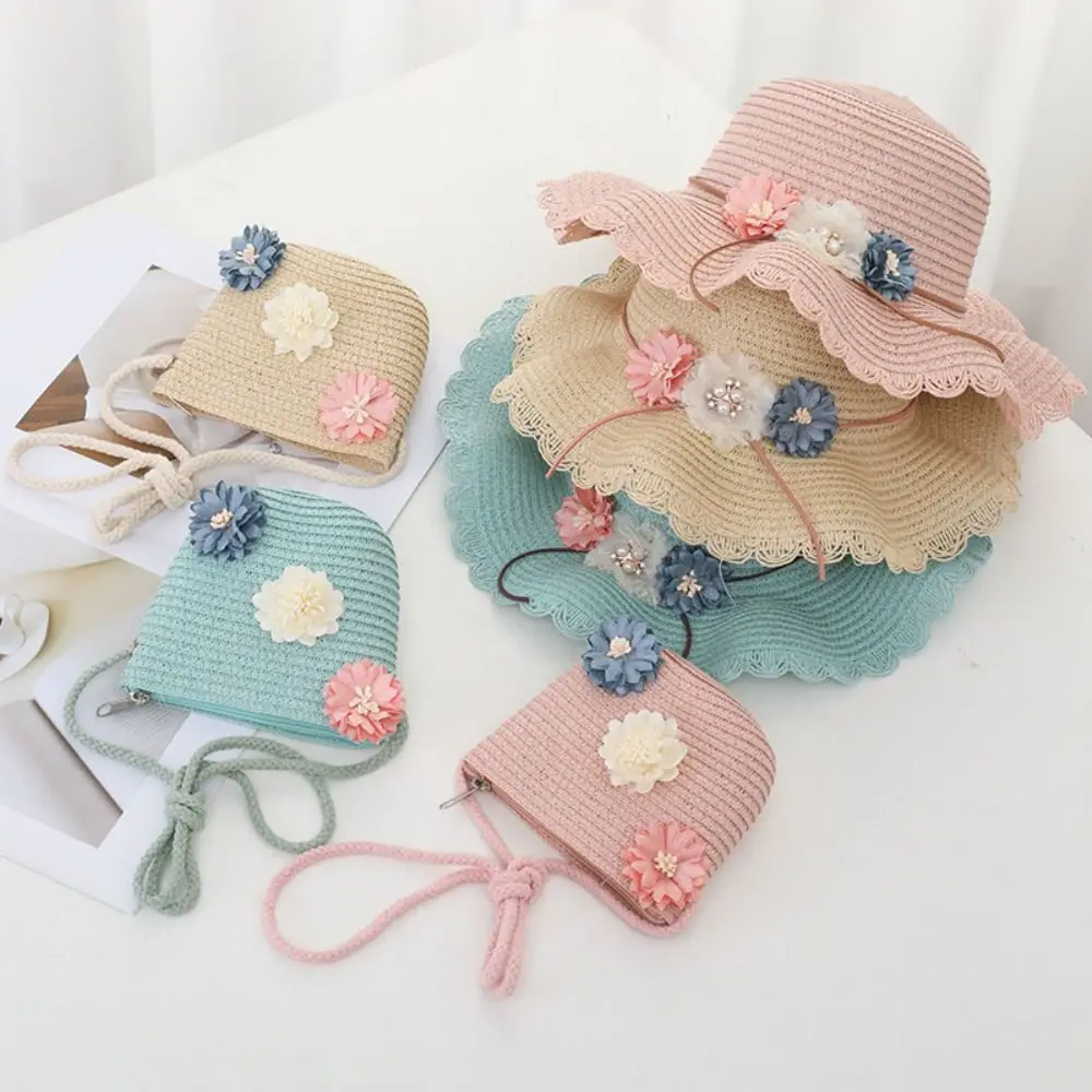 Girl Gift Kids Handbag Summer Flower Shoulder Bag Travel Korean Style Girl Cap Children Straw Hat Sun Visor Hat Same Style Bags