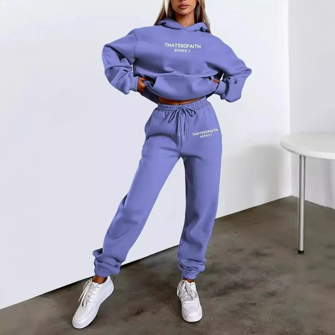 Frühling/Herbst Hosen-Sets 2026 Neues Damen Kapuzen-Sweatshirt + Hose Zweiteiliges Set Bedruckter Outdoor Damen Pullover Sportbekleidung 2-teiliges Set