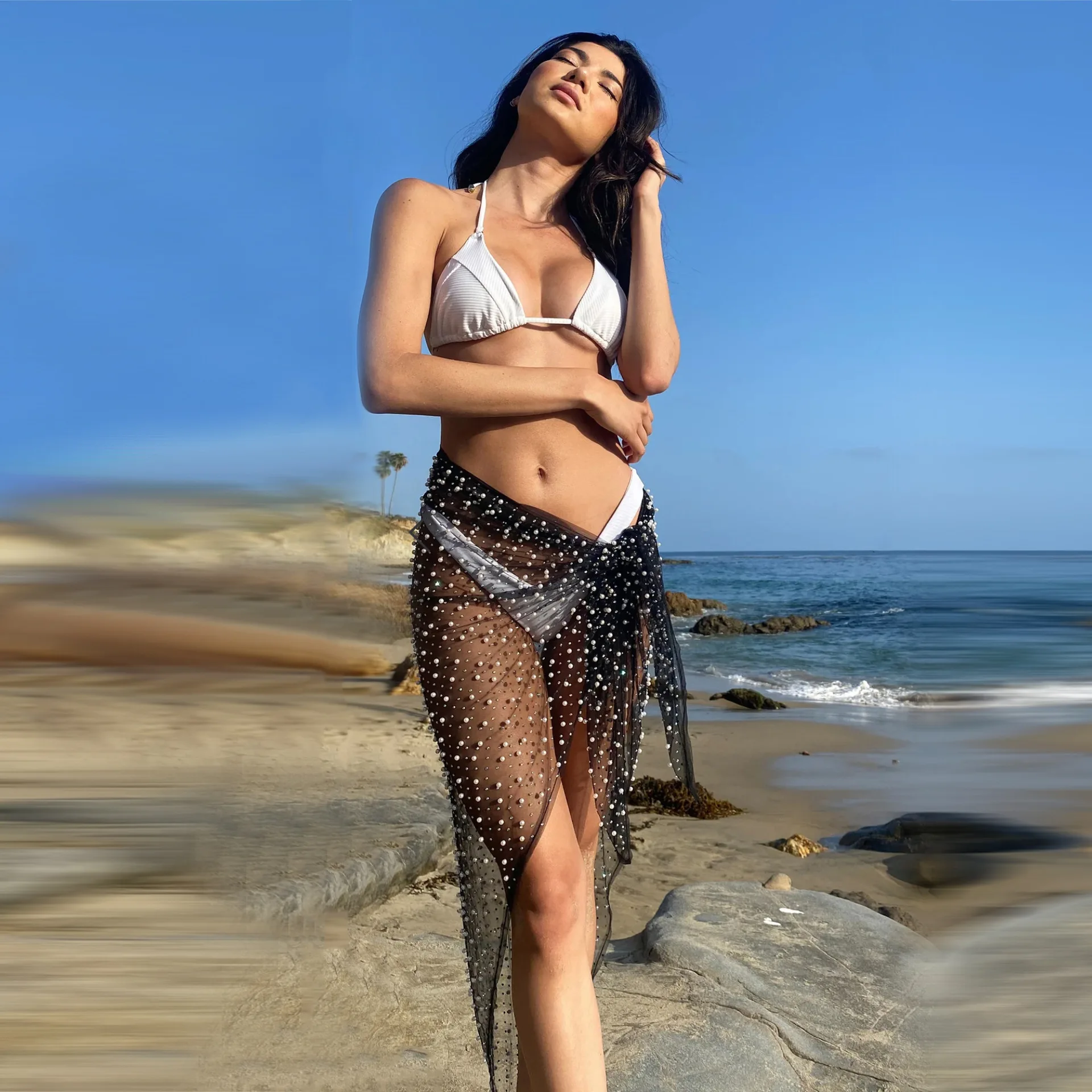 Y2K Nail Bead Skirt Women Spring Summer Fashion Sexy Hot Diamond Strap Mesh Half Body