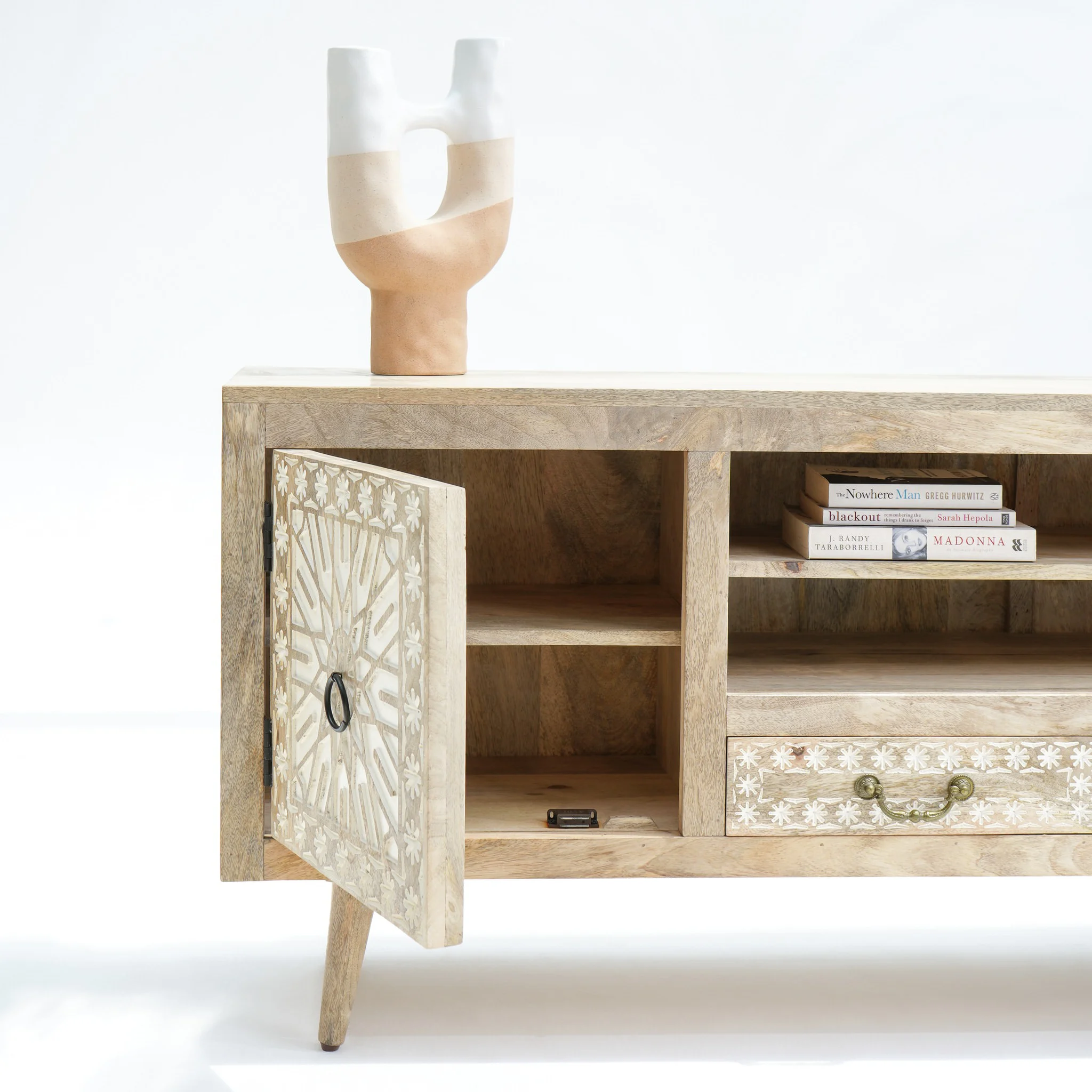 ^Southeast Asian Retro Nanyang Style Solid Wood Carved TV Cabinet Weathered White Living Room Storage Locker Furniture