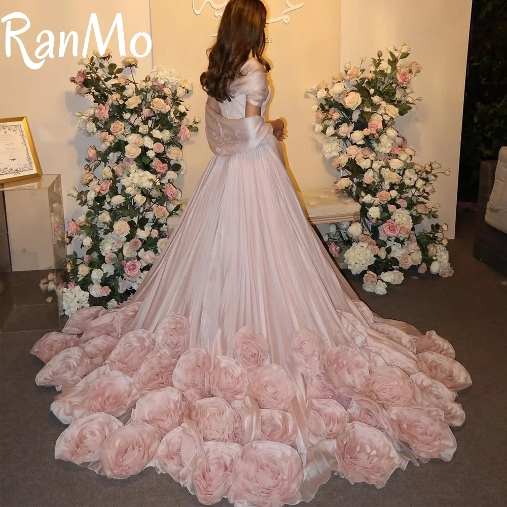 

Ranmo New Pink Tulle Evening Dresses Floor Length New Prom Dresses Sleeveless Wedding Party Dress Pleated Sweep Train Customized