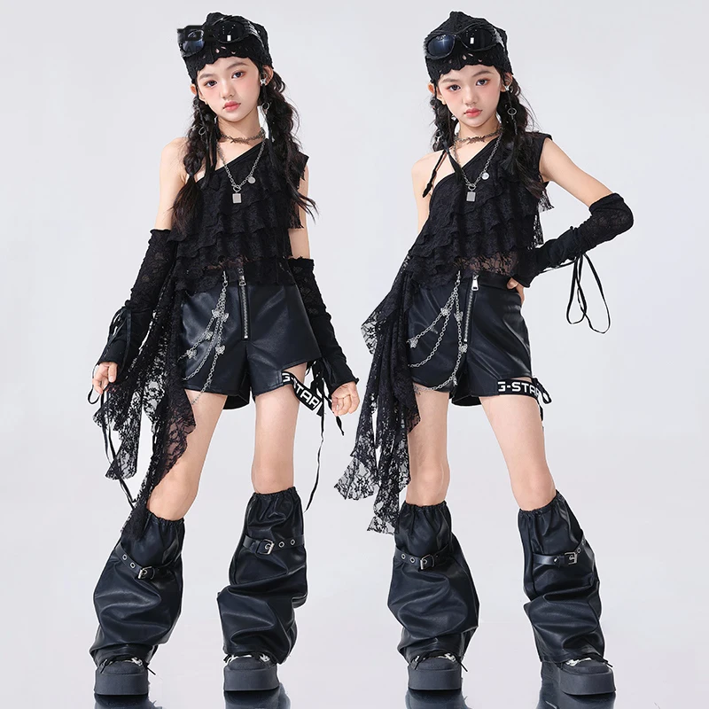 

Костюм для джазовых танцев K-pop для девочек: черный кружевной топ, кожаные шорты, рукава до икр, одежда для выступлений в стиле хип-хоп, сценический наряд для концертов