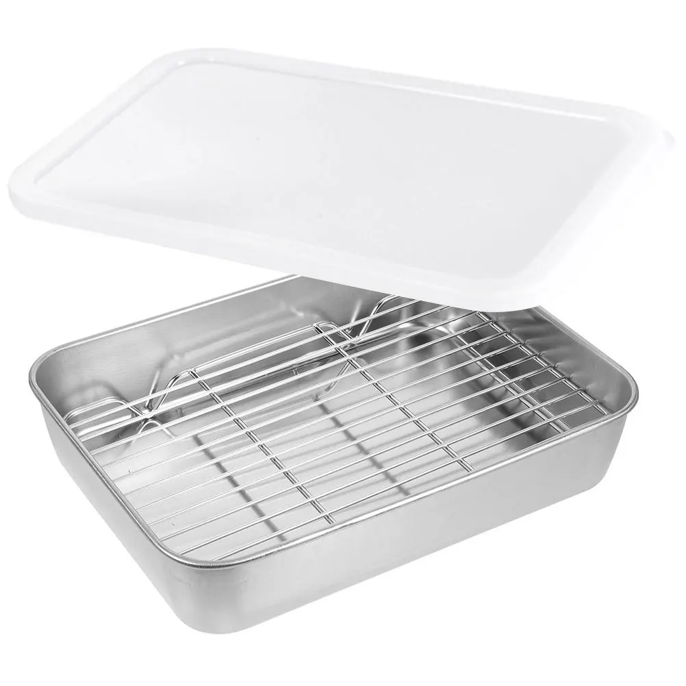 

1Set Stainless Steel Food Pan Deep Capacity Kitchen Storage Tray for Fridge Fresh Keeping with Lid and Rack Reusable Cooking