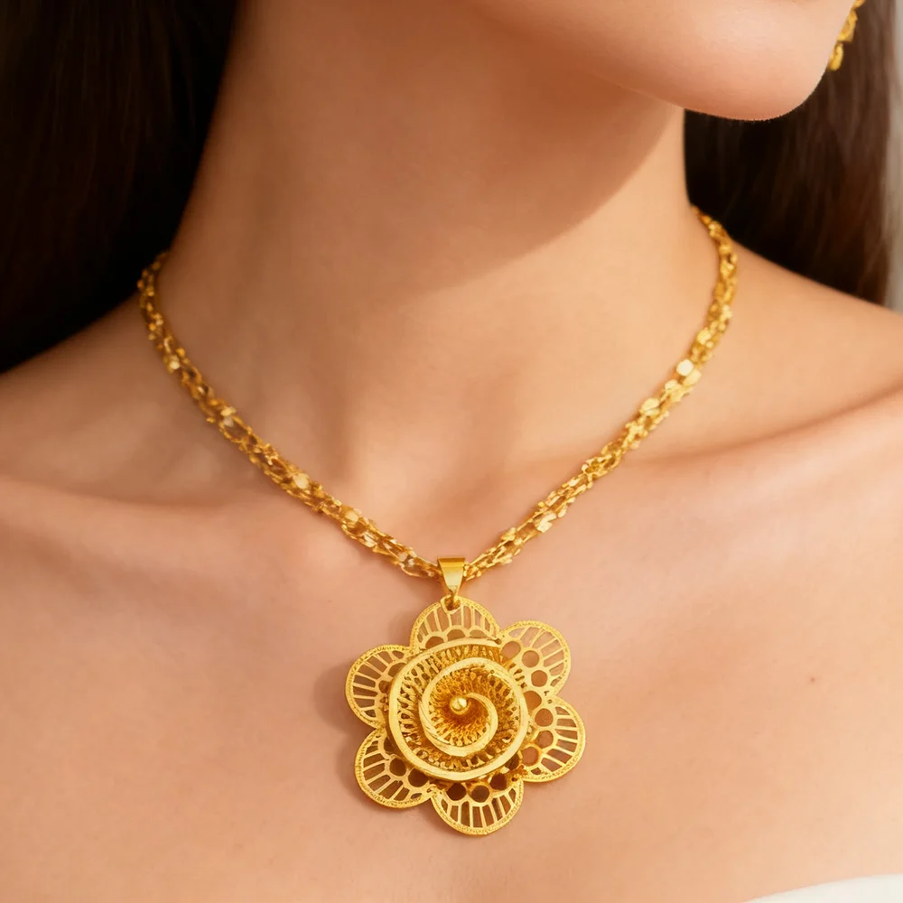 

Fashion gold color jewelry set Flower necklaces earrings and rings For Women's Habesha Wedding Party Gift Daily