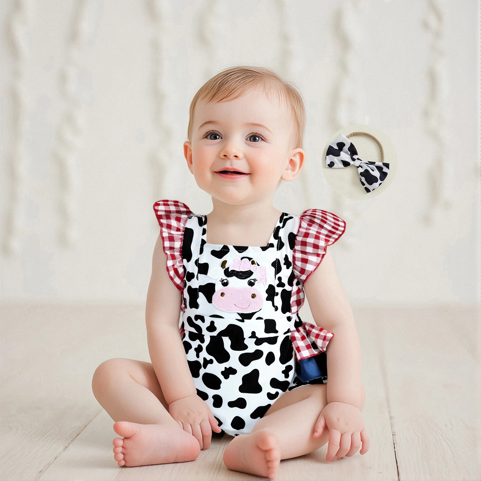 

Baby Girl Western Outfit Summer Fashion Fly Sleeve Plaid Cow Print Bodysuit with Bowknot Hairband Newborn Clothes