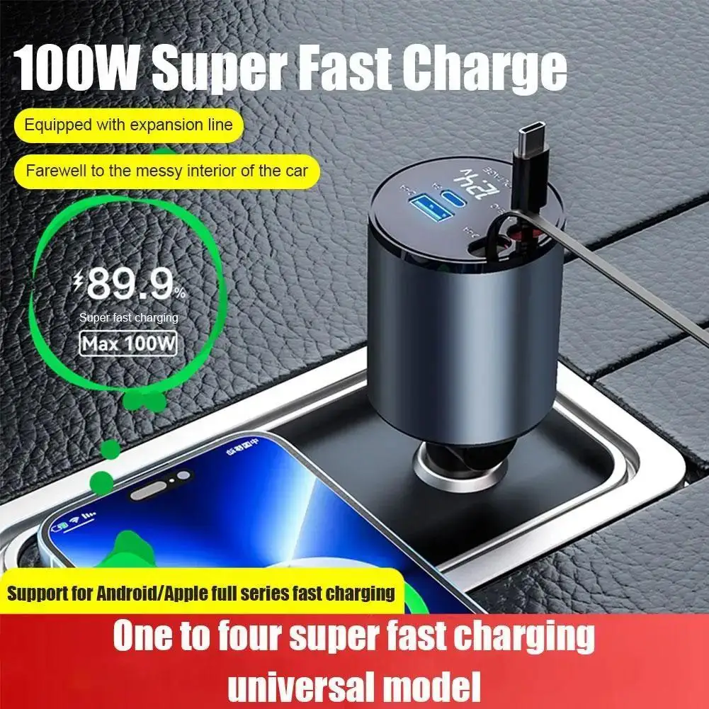 

4 In1 120W Retractable Car Charger USB 2.4A Port DP 3A Port Type-C Cable For Huawei Fast Charge Cord Cigarette Lighter