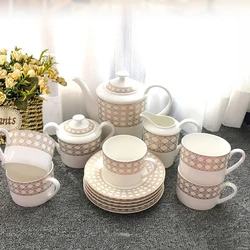 Ceramic Flat Salad Plate for Home Use, Western Dinnerware Set, Checkered Design Tray, Coffee Pot and Tea Cup Set,Gift Box