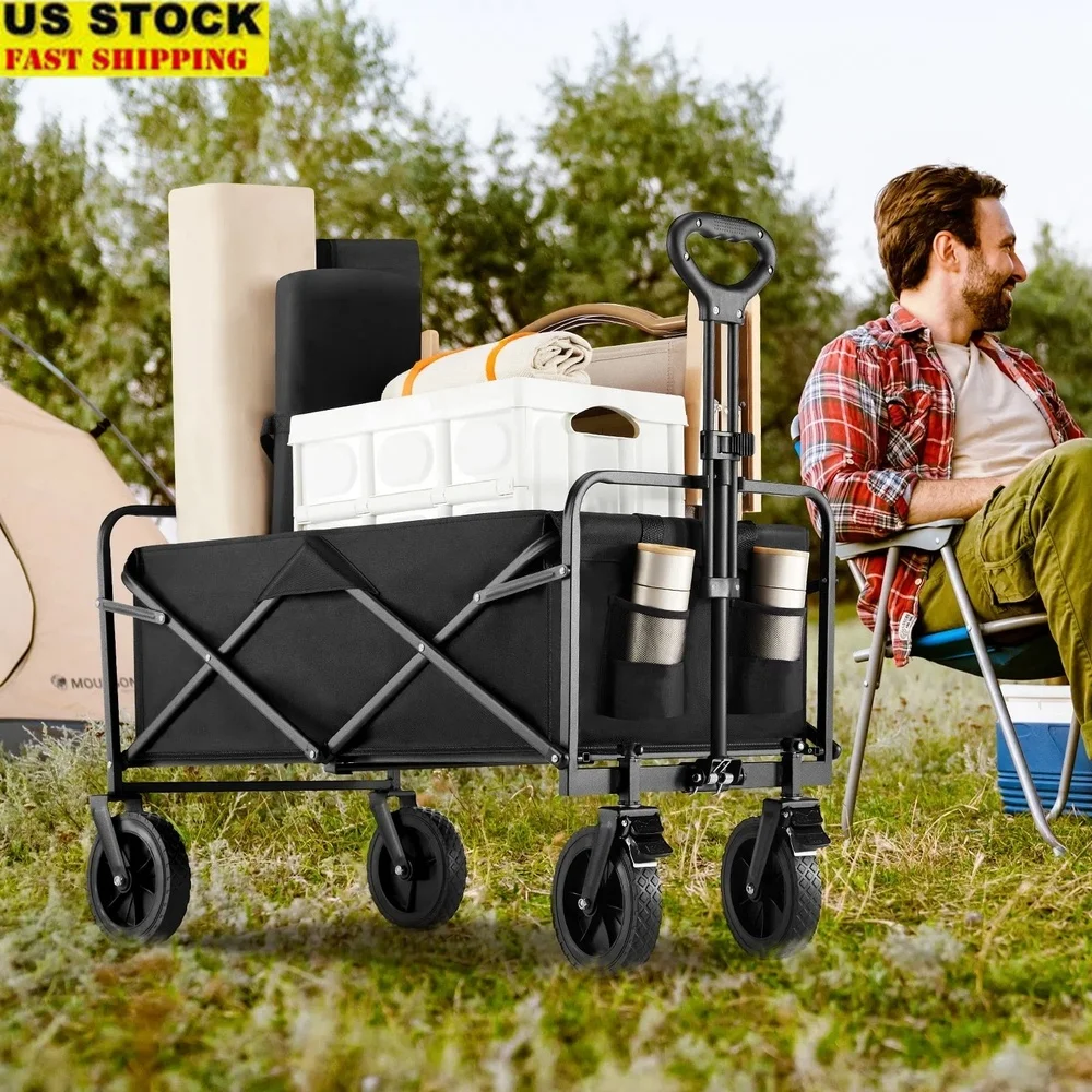 

Heavy Duty Collapsible Wagon All Terrain Carts with 360° Wheels Portable Beach Sand Utility Cart Camping Shopping Outdoors
