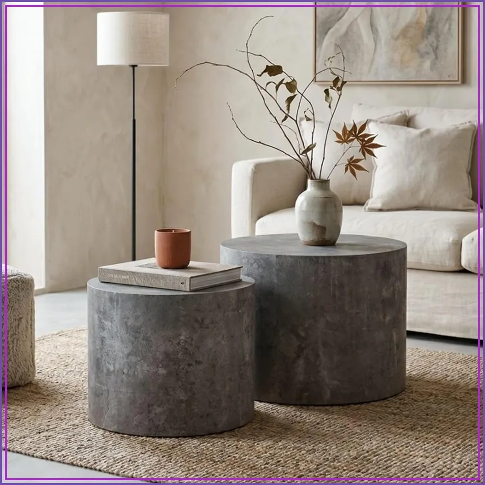 Nesting Round Coffee Table Set of 2, Wooden Accent End Tables for Small Spaces, Gray