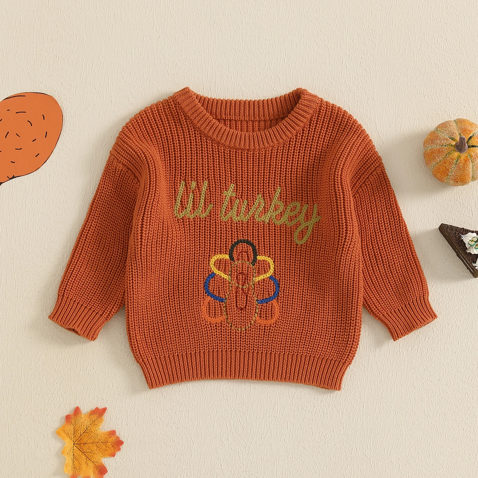 2024-07-30 Lioraitiin Toddler Thanksgiving Sweater Casual Letter Turkey Embroidery Warm Knitted Long Sleeves Pullover Knitwear