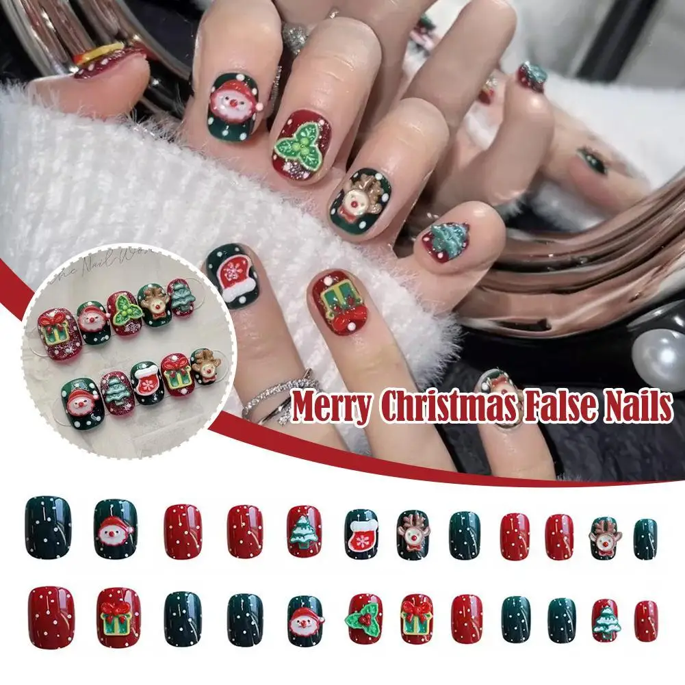 Wine Red Christmas Handmade Press On Nails Gift For Girls Advanced Wearable Fake Nails Snowman Deer Designed Ballet Nail Art