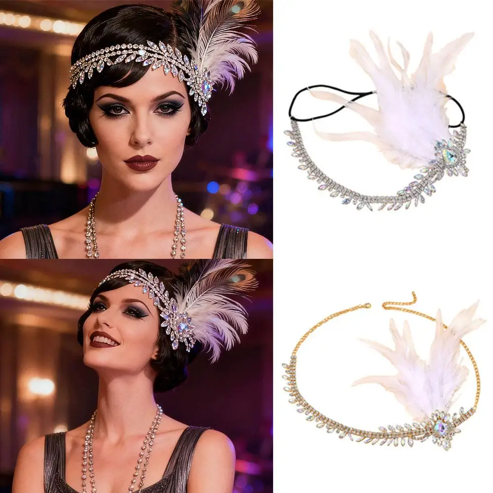 شرابة هيرباند الأبيض ريشة الفرقة الترتر كريستال Headbands حزب الزفاف خوذة DIY إكسسوارات الشعر حجر الراين رئيس سلسلة #1