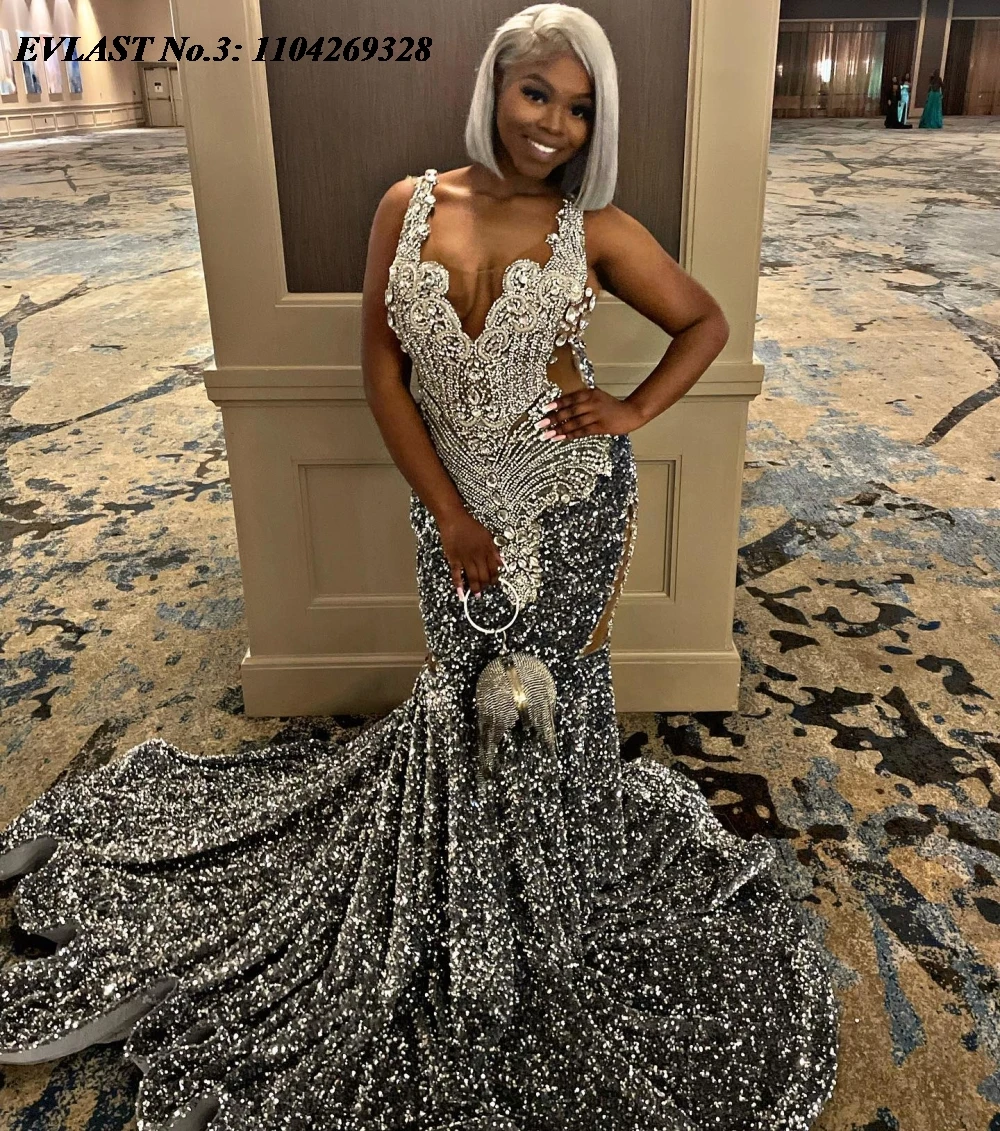 EVLAST Customized 2025 Silver Sequins African Mermaid Prom Dress Black Girls Rhinestone Beaded Formal Evening Party Gown E3P235