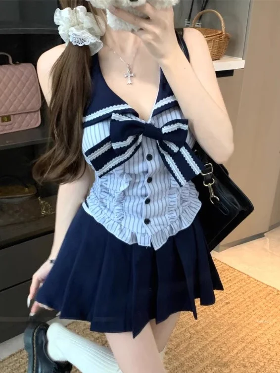 

Sweet Preppy Style Two-Piece Set Women's Navy Collar Sleeveless Top A-Line Skirt Summer Casual Wear Knot Design