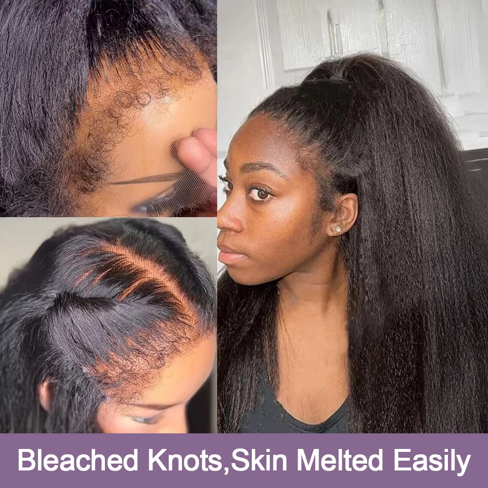 250 Density Black Yaki Straight Human Hair Wigs 13x6 HD Lace Frontal Kinky Straight Wig 7×5 Glueless Brazilian 360 Full Lace view 4