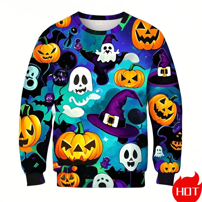 面白いハロウィングラフィックメンズレディーススウェットシャツクリエイティブゴーストパンプキンプリントOネックプルオーバールーズ長袖秋デイリートップ