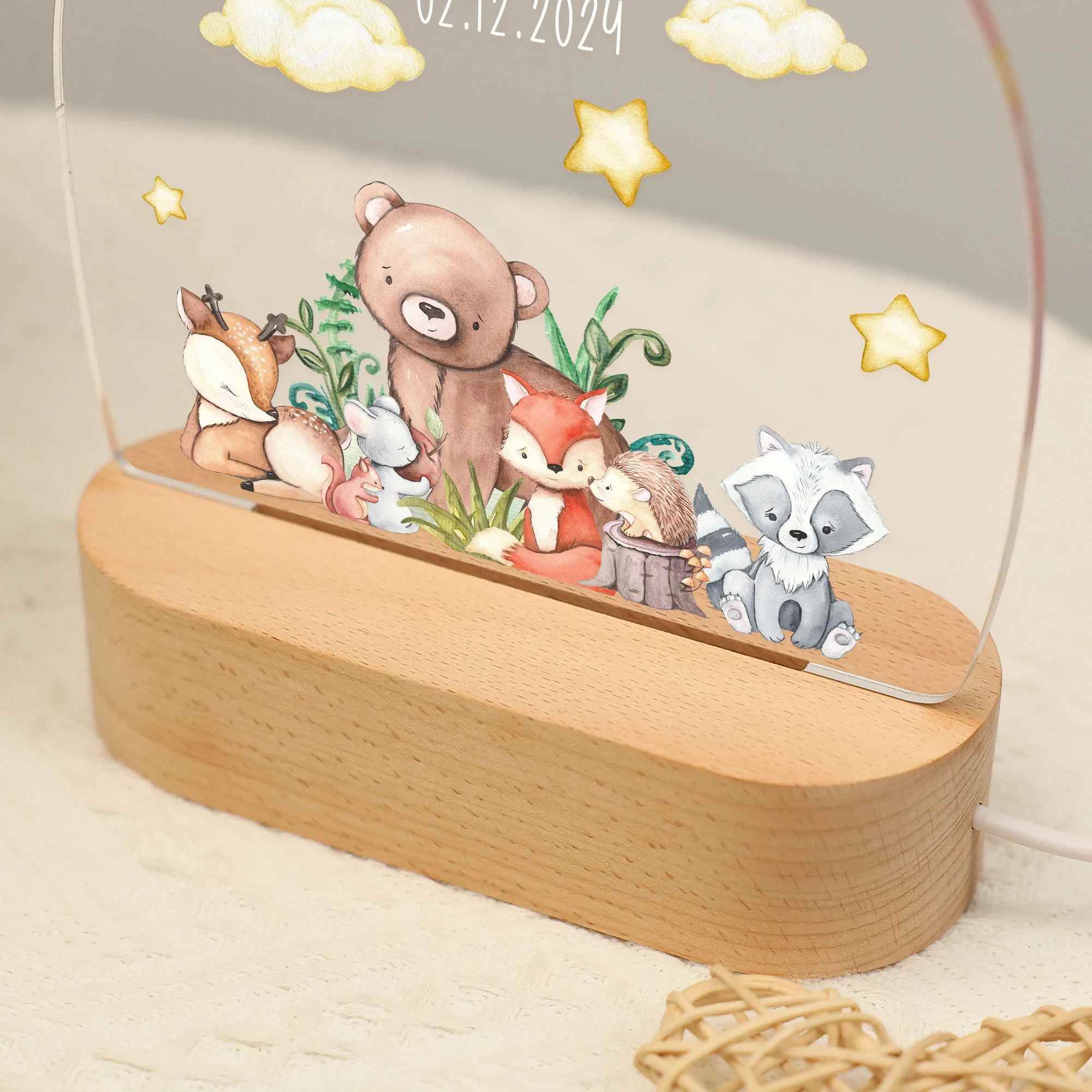 Cute Bear Custom Name Light, Animal Acrylic LED Light Wooden Base, Baby Gift 1st Birthday, Personalized Night Light with Motif