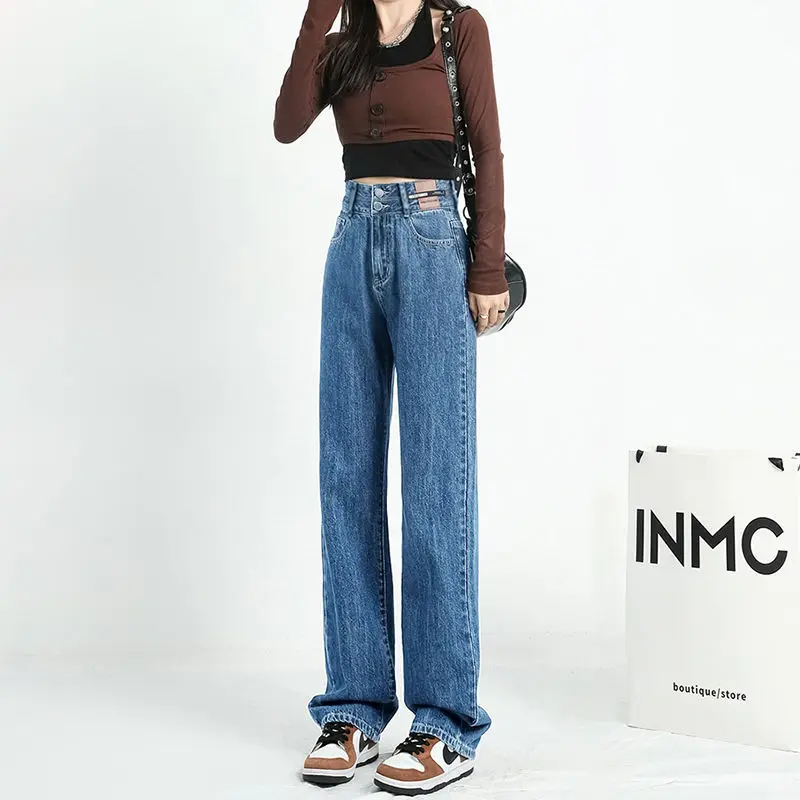 

American-style waistband leather patch design, high-waisted, double-button, slimming, wide-leg, floor-length pants for women