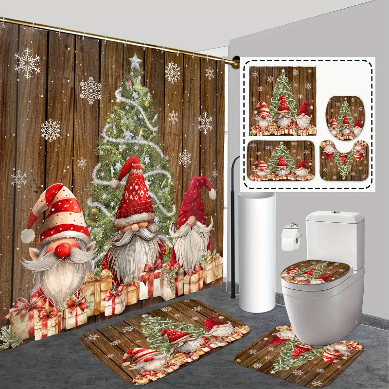 Christmas Gnome Bathroom Decor Set - 4pcs Holiday Shower Curtain with 12 Hooks, Non-Slip Rug, Cozy U-Shape Mat, and Toilet Lid C