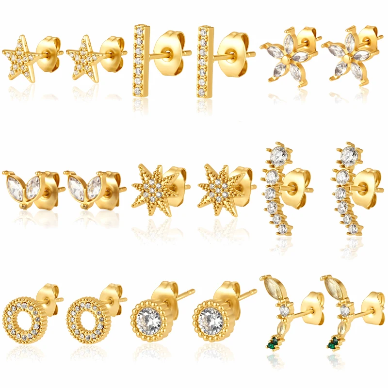 316L Edelstahl Ohrstecker mit Zirkonia Stern-Blumen-Design, Runde Geometrische Ohrringe in Goldfarbe, Huggie-Ohrringe für Damen, Alltagsschmuck
