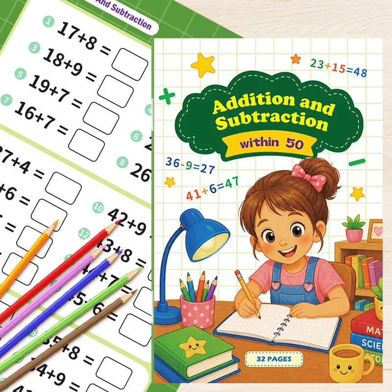 Math Oral Arithmetic English Arithmetic Problems, 32 Page Addition and Subtraction Arithmetic Exercise Book, Early Education