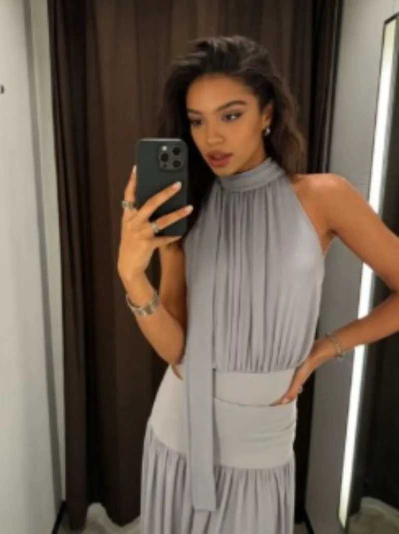 

Элегантный женский комплект, новые модные тонкие однотонные длинные юбки, комплекты из 2 предметов, плиссированные украшения, комбинезон без рукавов, топы, комплекты