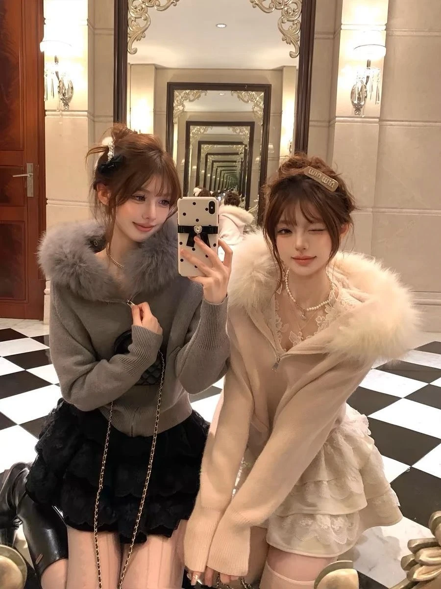 الأمريكية الرجعية مقنعين محبوك معطف طويل الأكمام المرأة ثقافة فرعية معطف خمر سستة فو الفراء سترة الخريف النساء Cloghing 2025