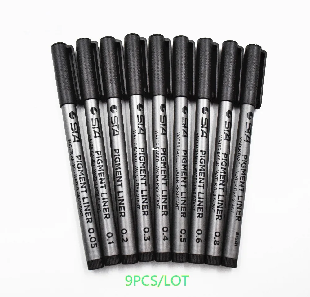 9Pcs STA Pigma Liner Micron Ink Marker Pen Set Tip 0.05-0.8 Brush Black Fineliner Sketching Pens for Precision Drawing Pens