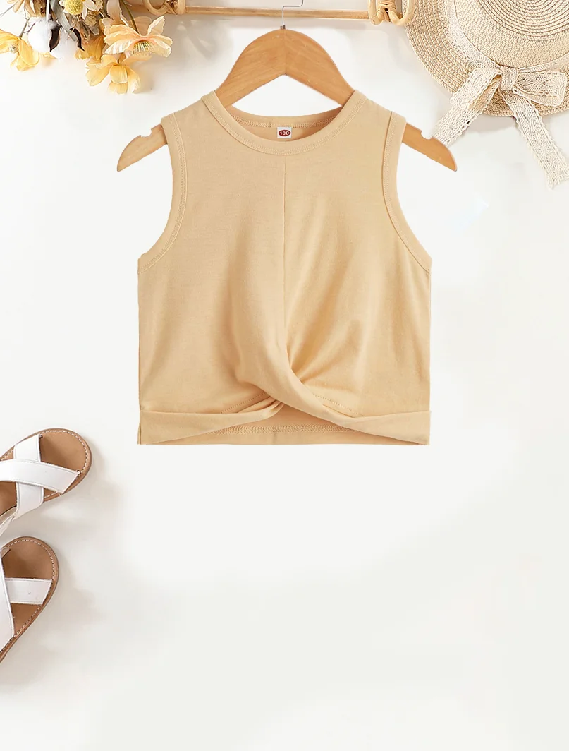 

Летний простой и модный жилет цвета хаки с круглым вырезом для девочек