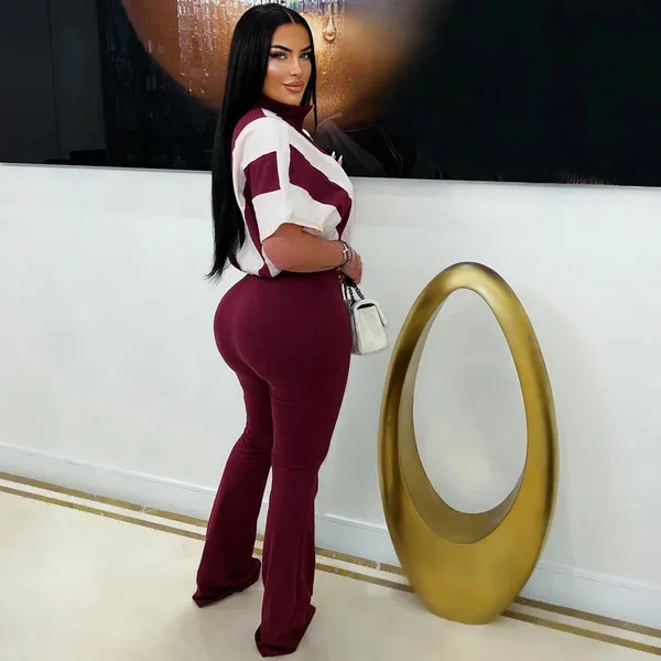 Women Jumpsuits 2025 Casual Color Contrast Short Sleeve Playsuits Elegant Rompers Lapel Collar Flared Pants Lady One Piece Set