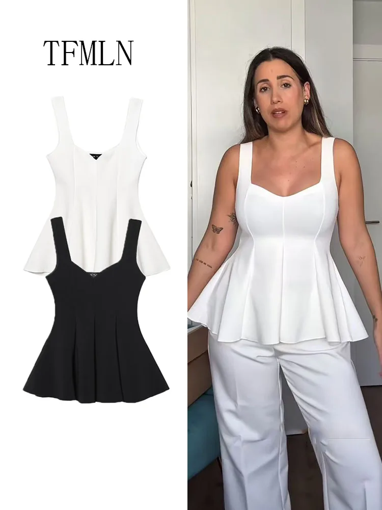 

TFMLN 2025 Summer Women Solid Skirt Hem Tops Fashion Square Collar Sleeveless Slim Camisole Top High Street Ladies Causal Shirt