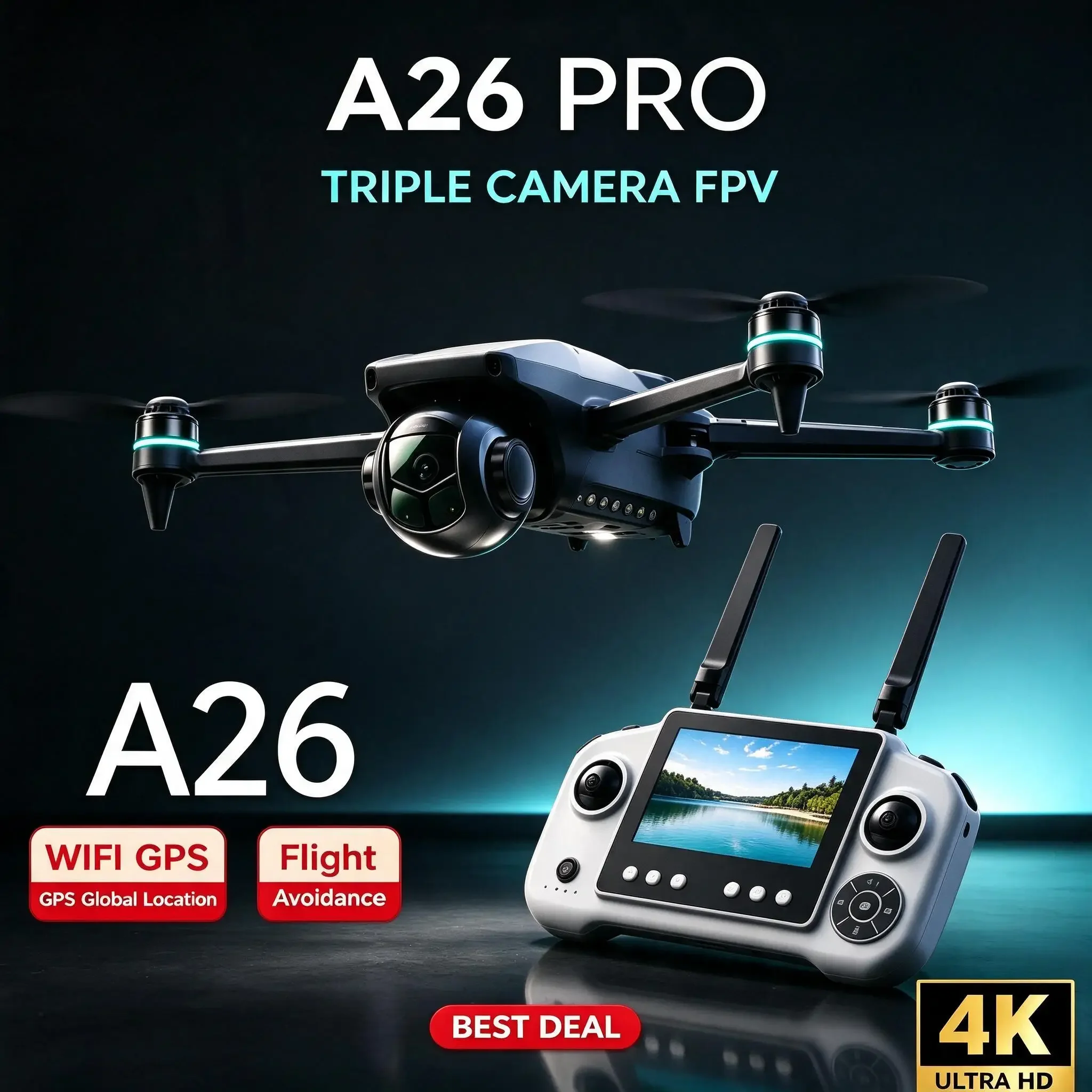 Reliable FPV Drone 4K HD Triple Camera Brushless Motor Obstacle Avoidance Foldable RC Quadcopter 4K With Carrying Case A26 Pro