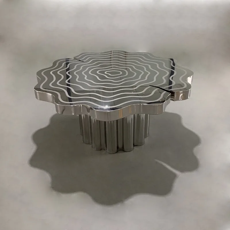 Light luxury stainless steel etched petal shaped dining table villa dining table