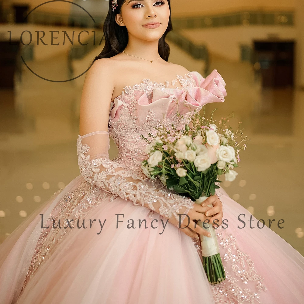 Eleganckie, błyszczące sukienki Quinceanera z aplikacjami 2025, suknie balowe na jedno ramię, sukienki urodzinowe, szyte na miarę, kryształowe vestidos de 15 rosa