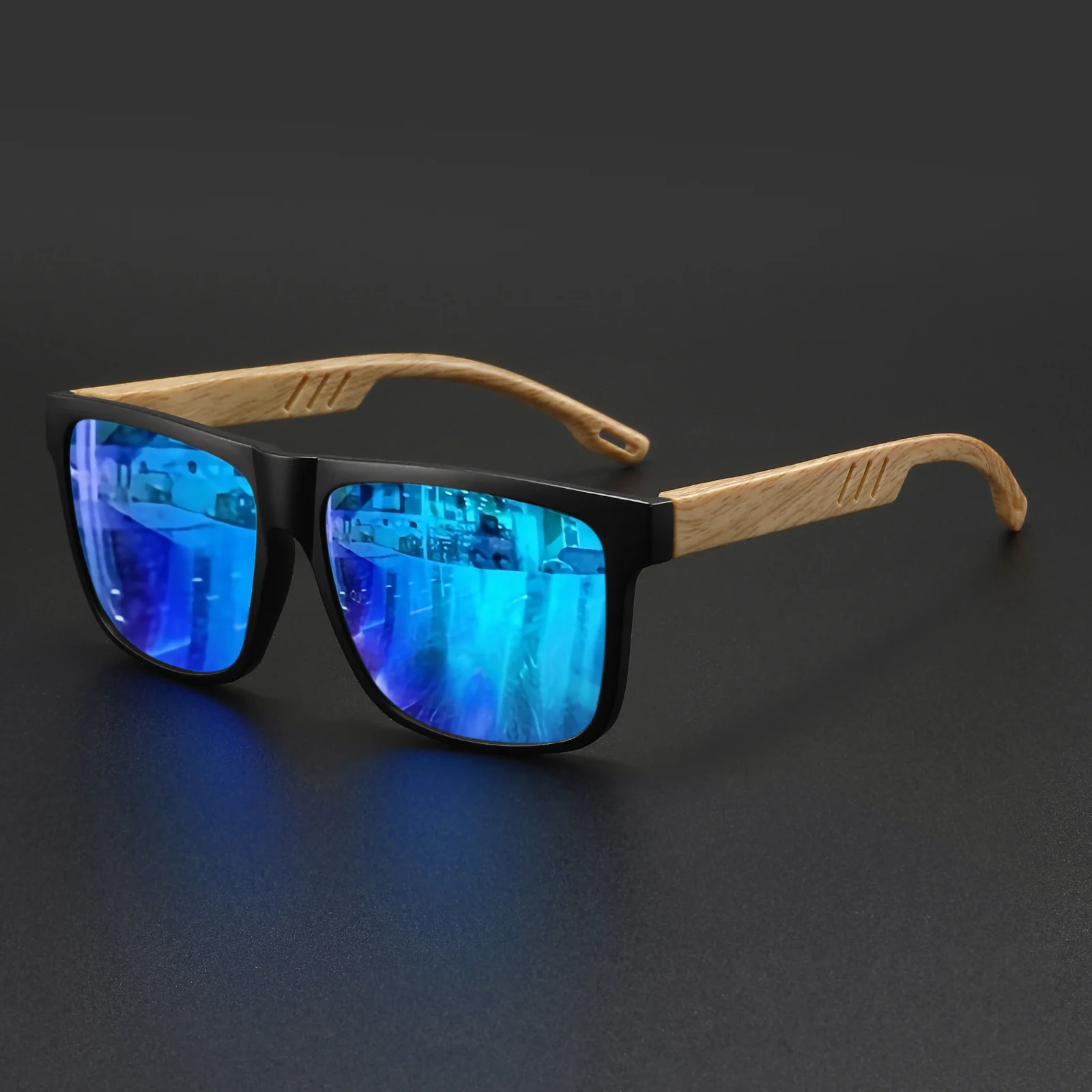 Nieuwe mode vierkante zonnebril - houtnerf veerscharnier, UV400 unisex voor autorijden, wandelen en reizen
