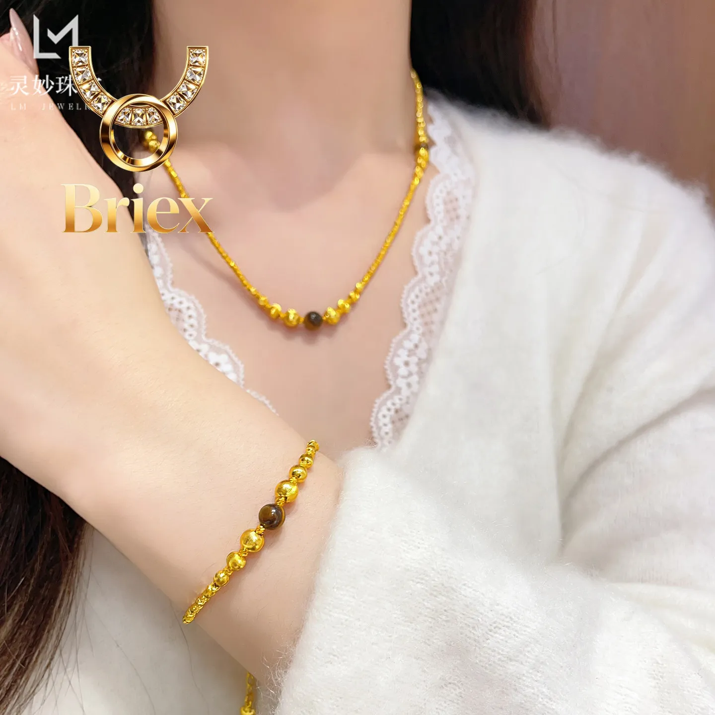 Briex Jewelry Cat Eye Fortune Bead Necklace & Bracelet Women's 24K Gold AU999 -Light luxury cat eye style, low-key glittering, f