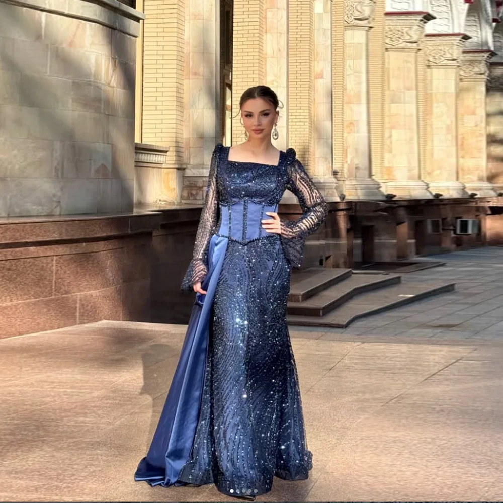 

Customizable Navy Blue Corset Mermaid Formal Dress Long Sleeve Sequin Beaded Evening Gown with Detachable Train for Wedding Prom