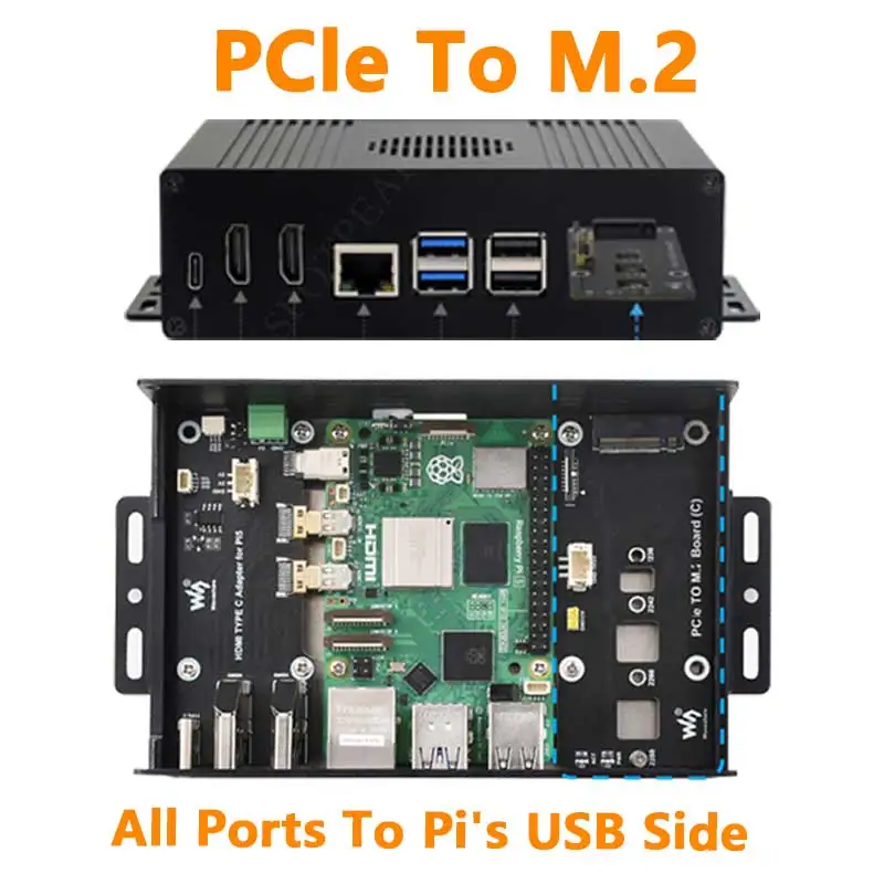 Himbeer Pi 5 Box Case Kit-C PCIE zu M.2 NVME SSD alle Ports zu Pis USB-Seite