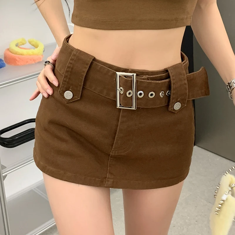 Summer Micro Mini Denim Skirts Women High Waist with Belt Short Skirts Brown Skinny Stretch Fashion Sexy Skirt with Shorts Girls