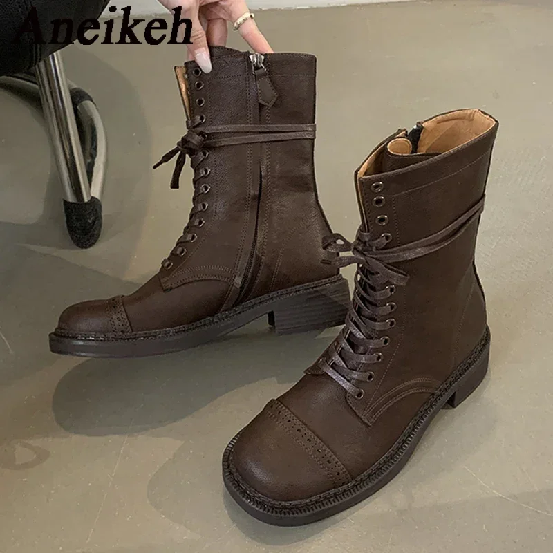 

Aneikeh/Модные женские туфли на низком каблуке с круглым носком и квадратным каблуком, зимние короткие ботинки в лаконичном стиле из искусственной кожи на толстой подошве, Botas Mujer