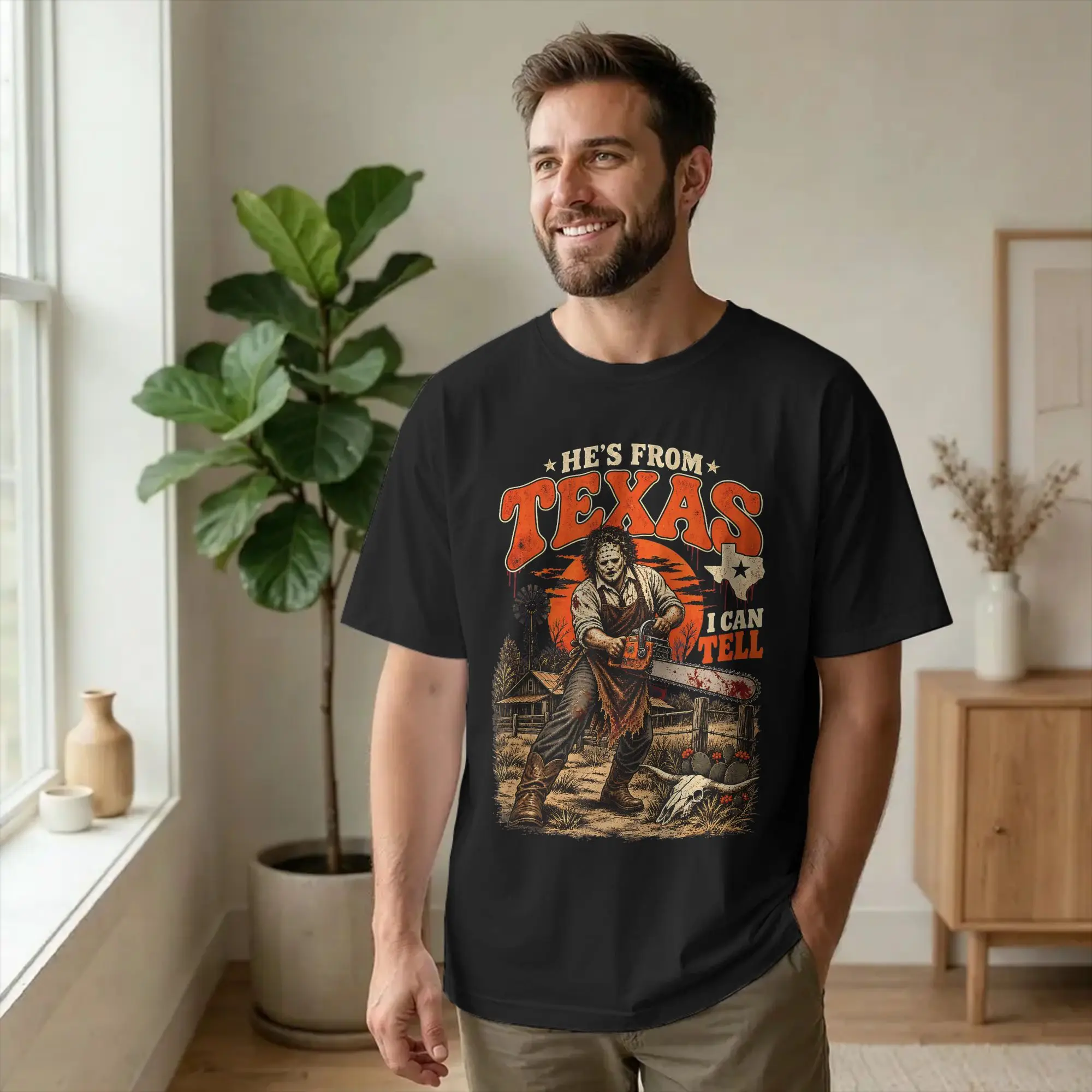 Hes from Texas I Can Tell Chainsaw T-Shirt for Men Horror Halloween Amazing Pure Cotton Tees Round Collar Short Sleeve T Shirts